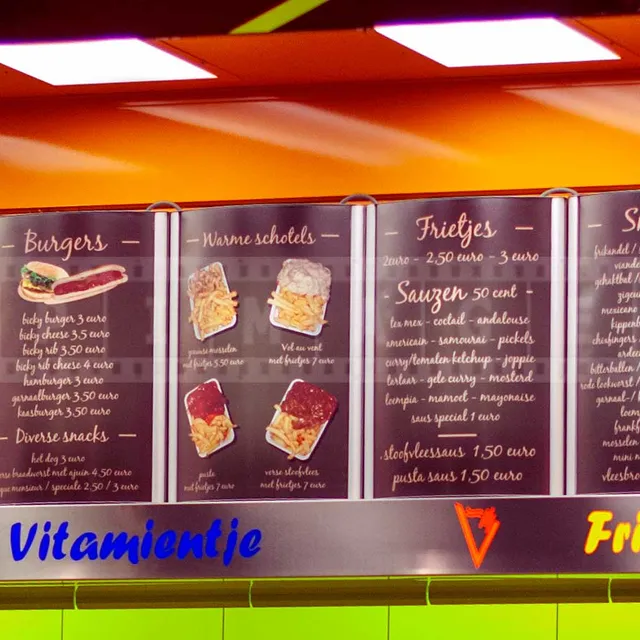 display of menu at a street fod vendor in Bruges, Belgium