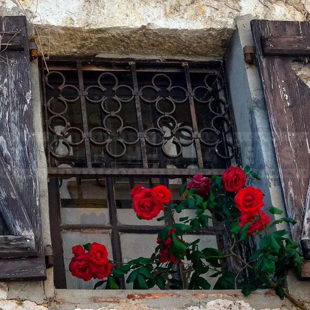 Beautiful medieval window with red roses in Eze Village