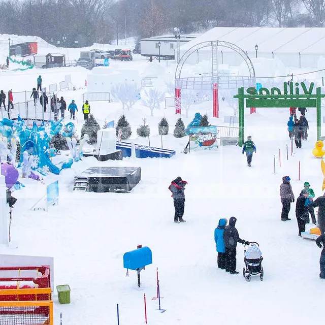 snow covered grounds of Quebec bonhomme winterland festival
