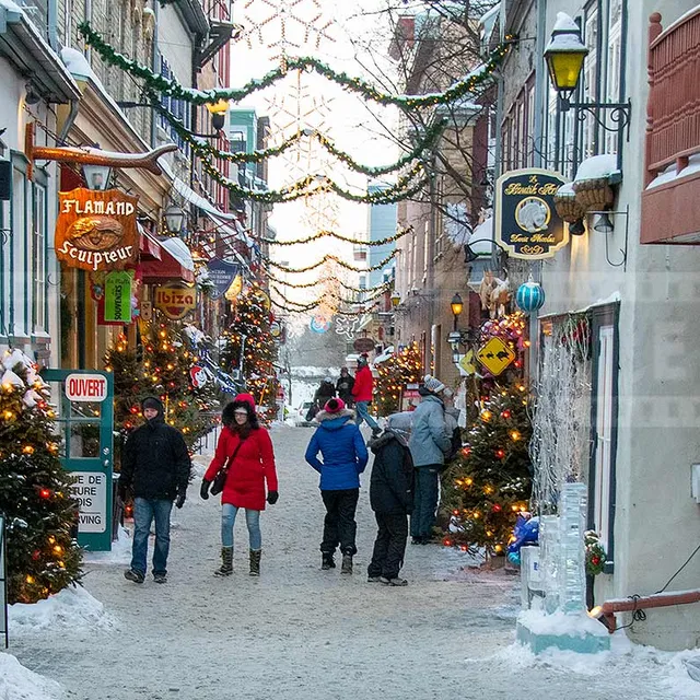 Pretty winter street in old Quebec city